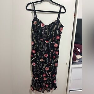 Floral Embroidered Lace Black Midi Dress